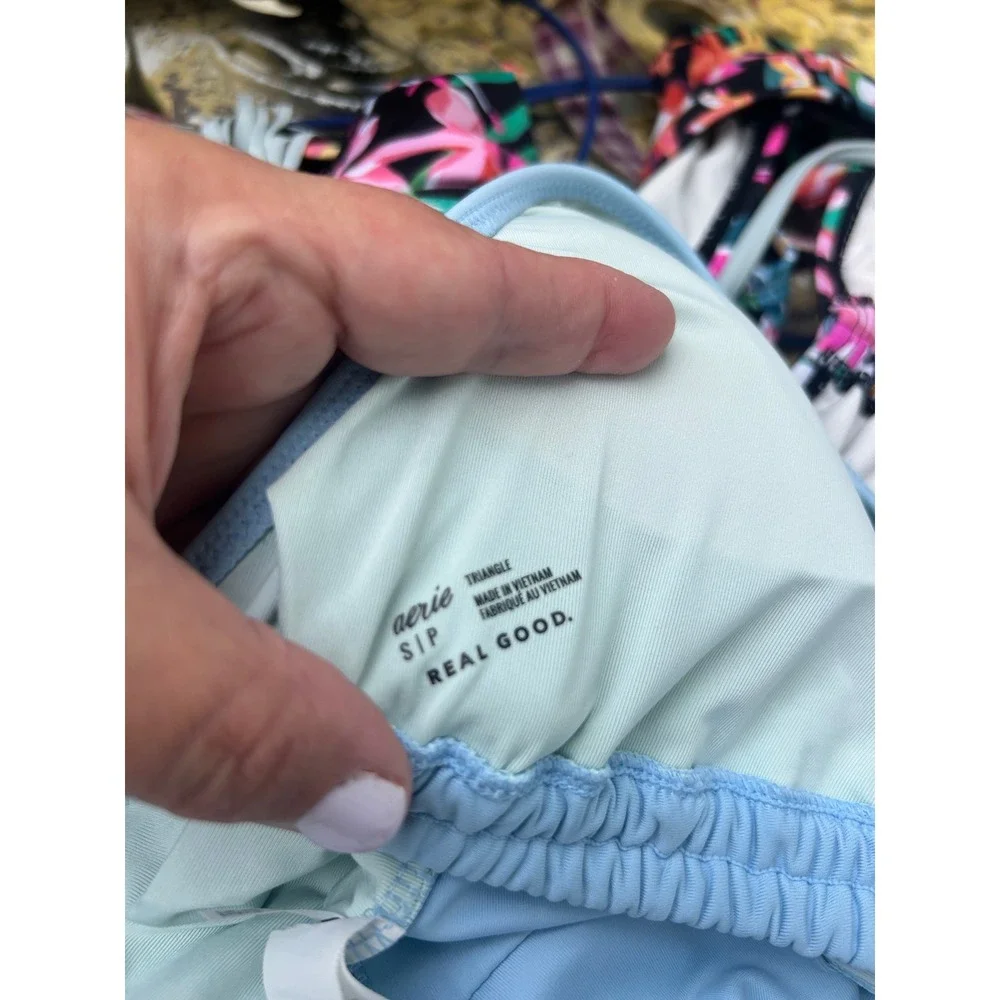 Aerie Real Good Light Blue Plunge Triangle Bikini Top S High Cut Cheeky Bottom L